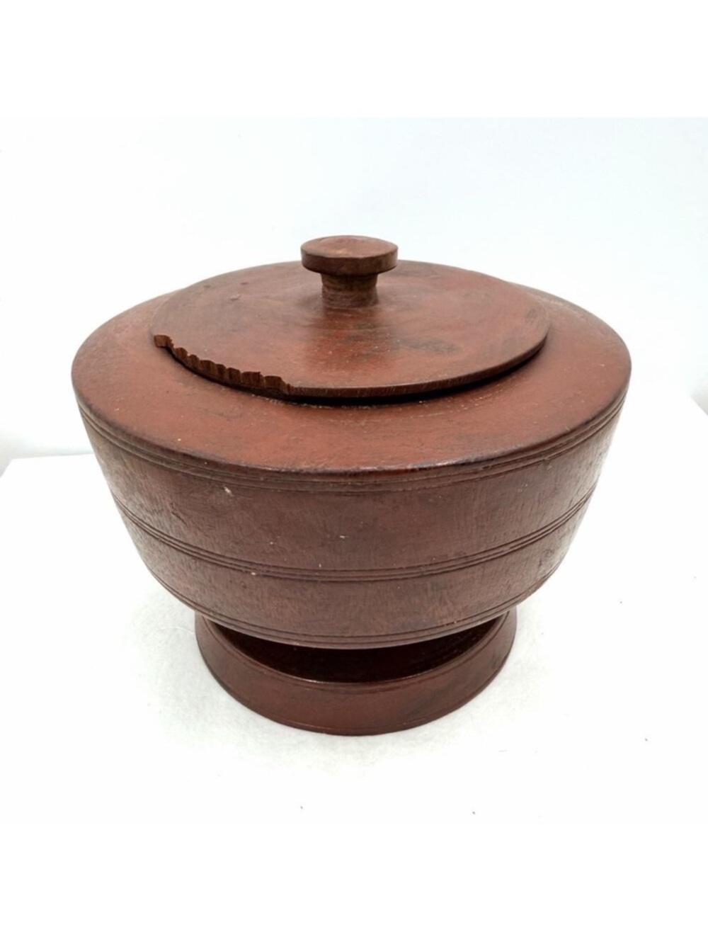Primitive African Hand Carved Wood Pedestal Bowl With Lid 6.5" x 5.25"
